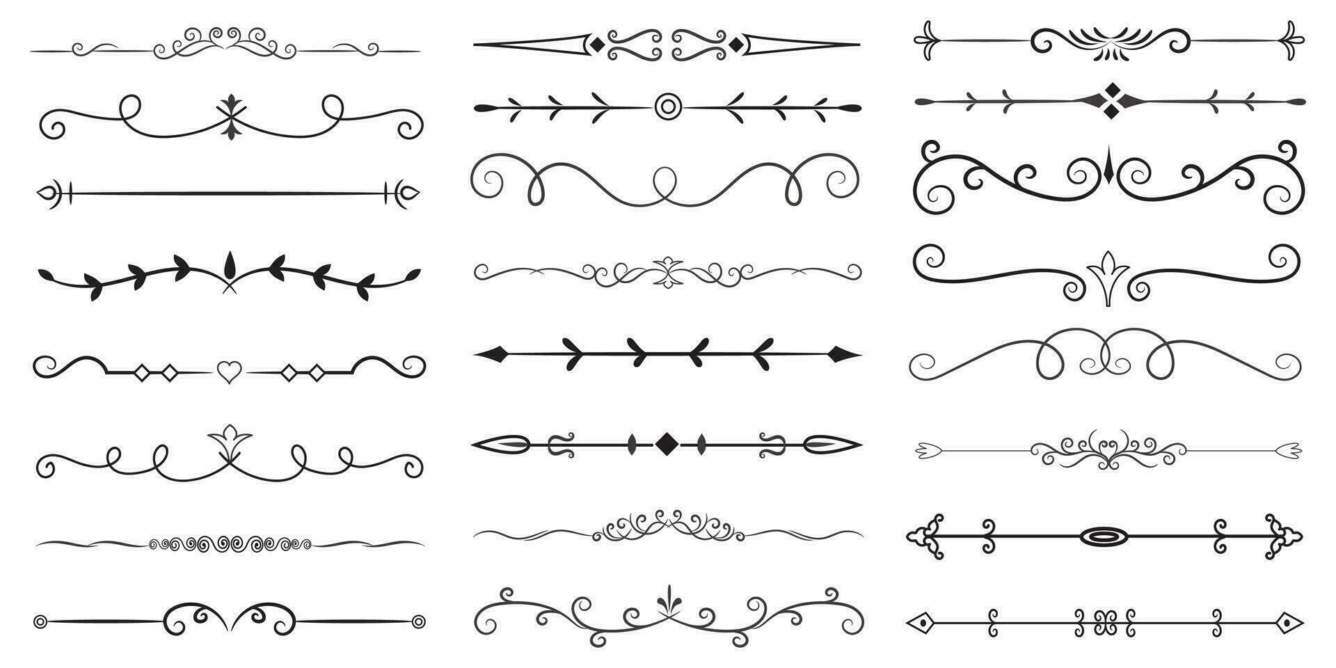 Page Divider And Design Elements. Set of Various Simple Black Divider Design, Assorted Divider Collection Template Vector. Collection of floral dividers elements mega decoration for Calligraphy. vector