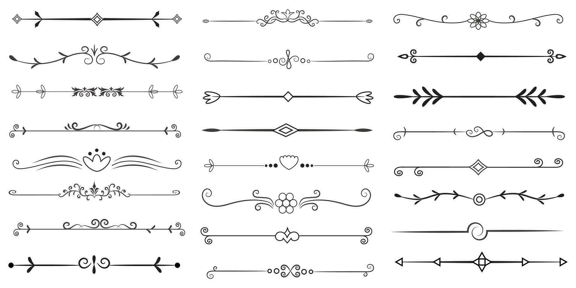 Page Divider And Design Elements. Set of Various Simple Black Divider Design, Assorted Divider Collection Template Vector. Collection of floral dividers elements mega decoration for Calligraphy. vector