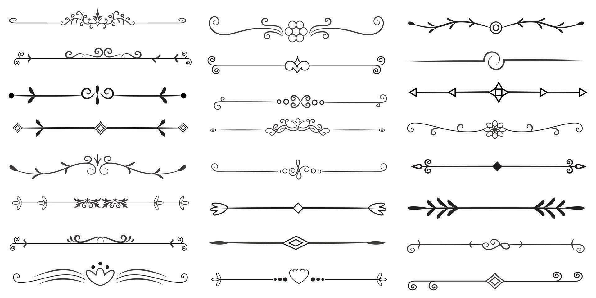 Page Divider And Design Elements. Set of Various Simple Black Divider Design, Assorted Divider Collection Template Vector. Collection of floral dividers elements mega decoration for Calligraphy. vector