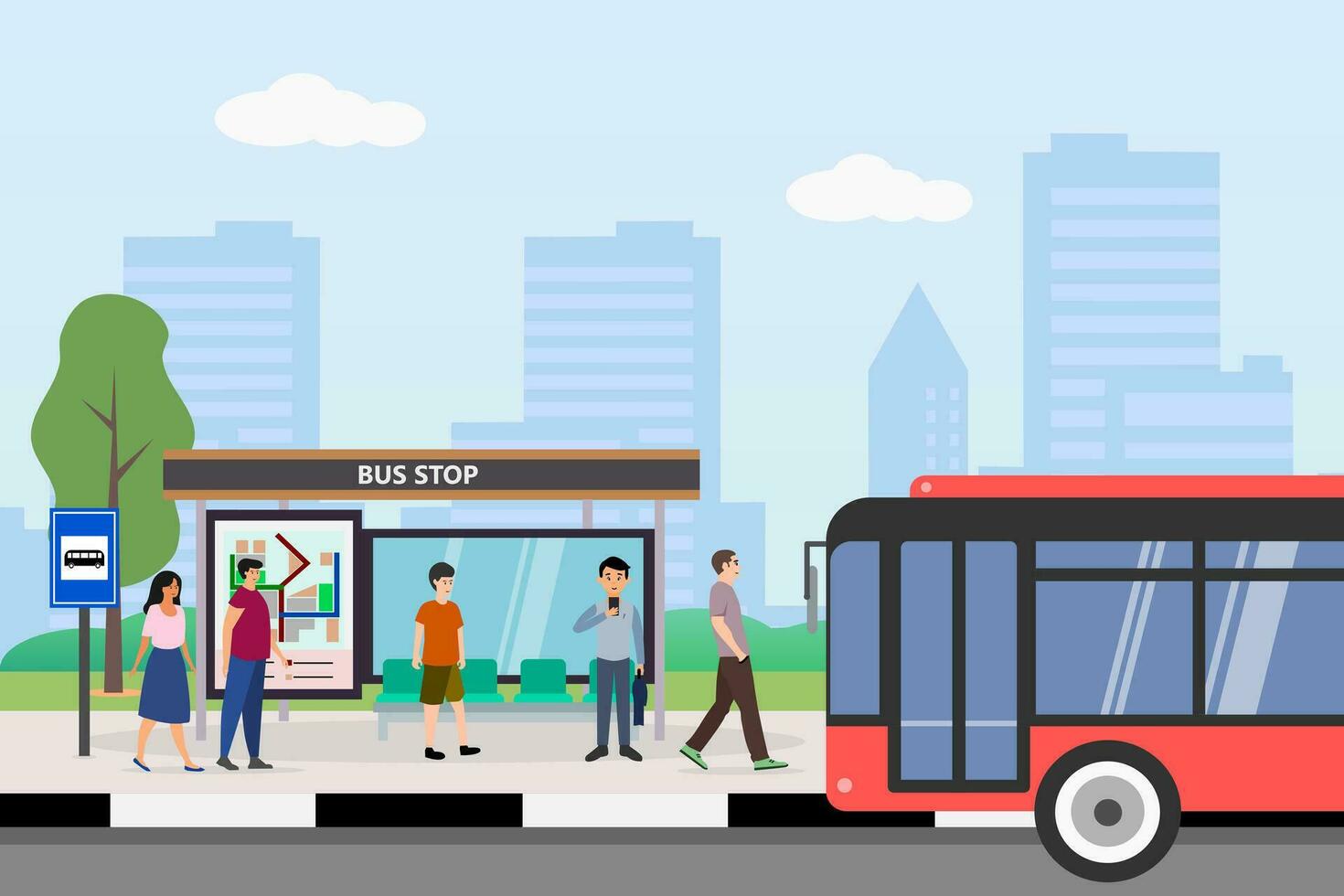 Bus stop with shelter on city street. Urban landscape with public transport station and buildings in background. Vector cartoon illustration.