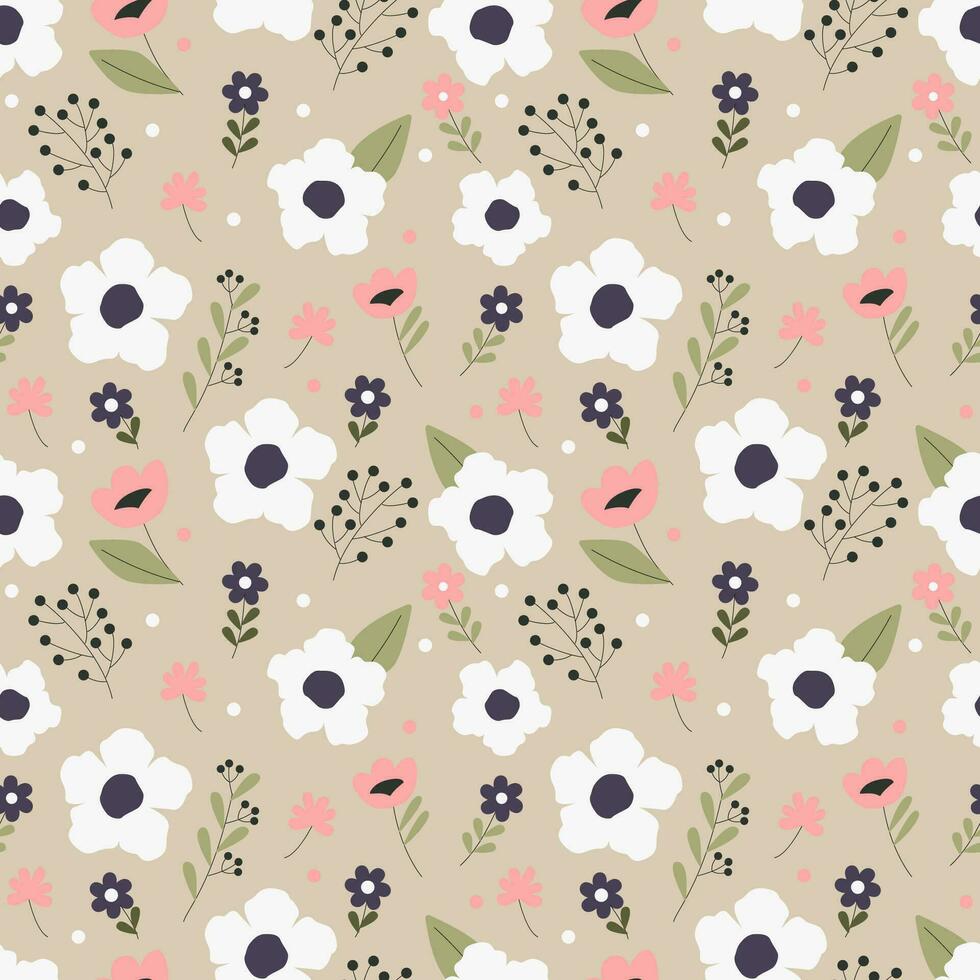 White and pink flowers. Seamless pattern vector
