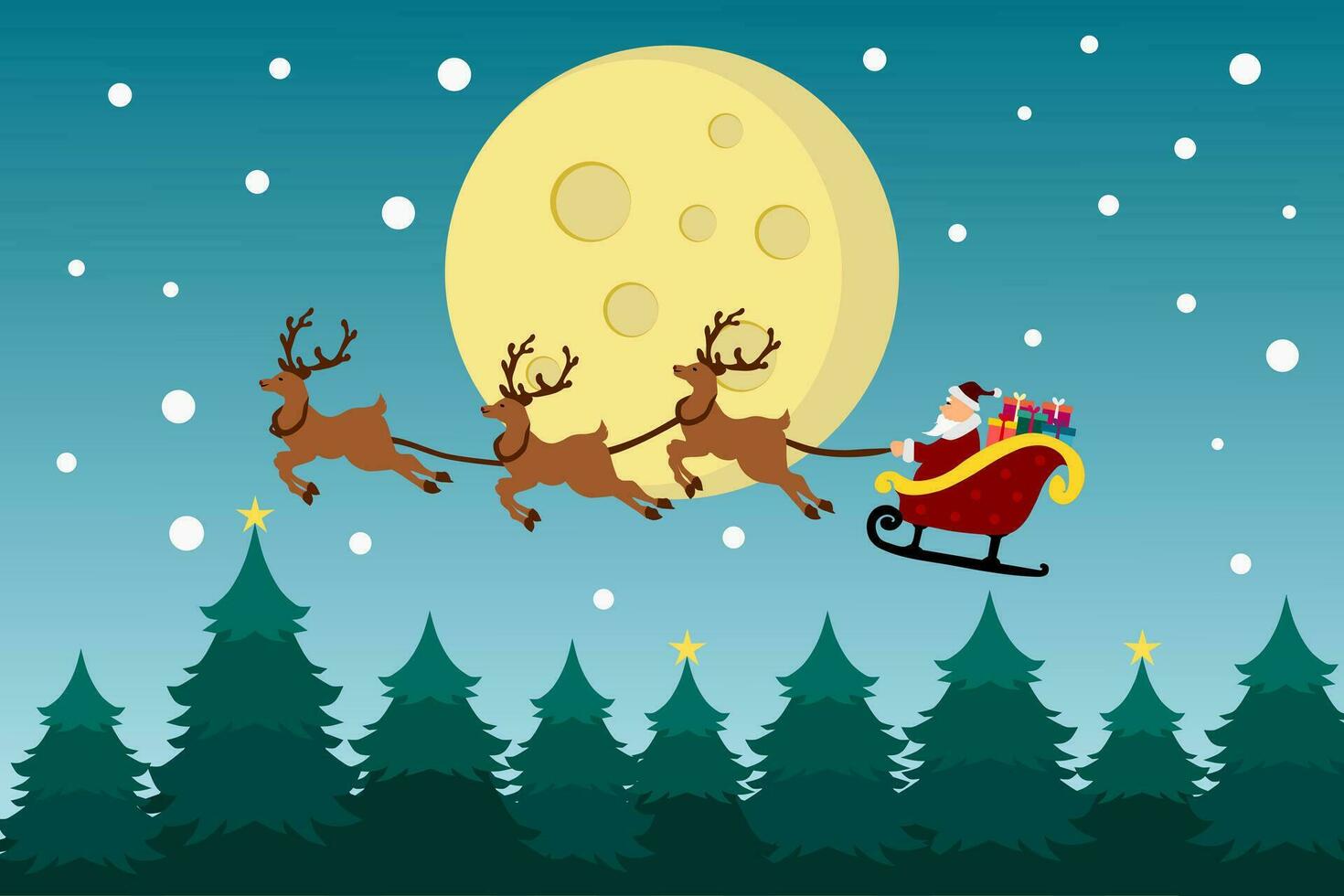 Merry Christmas background with Santa Claus flying on the sky in sleigh with reindeer at night with full moon, snow, and Christmas trees. vector illustration.