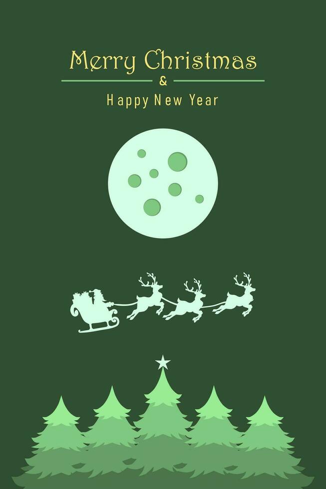 Merry Christmas and happy new year simple background with Santa Claus flying on the sky in sleigh with reindeer at night with full moon, snow, and Christmas trees. Vertical vector illustration.
