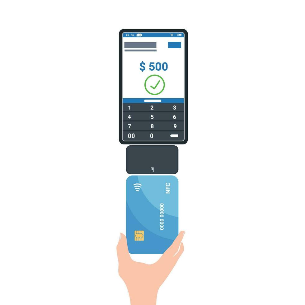 Credit card processing service. Hands close up accept contactless payments using terminal machine. Vector flat style cartoon illustration