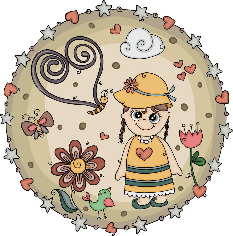 Spring round illustration with little girl vector