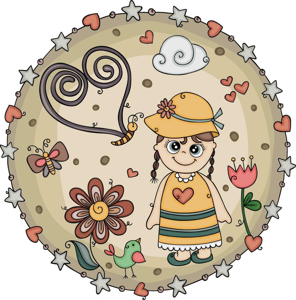 primavera redondo ilustración con pequeño niña vector