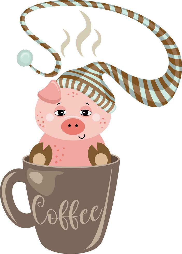 Sleepy piggy with hat in coffee mug vector