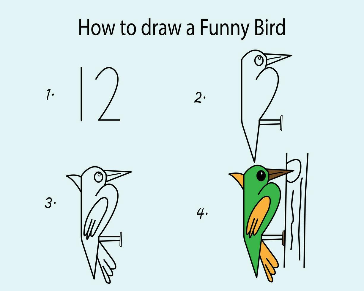 Step by step to draw a Woodpecker bird. Drawing tutorial a Woodpecker bird. Drawing lesson for children. Vector illustration