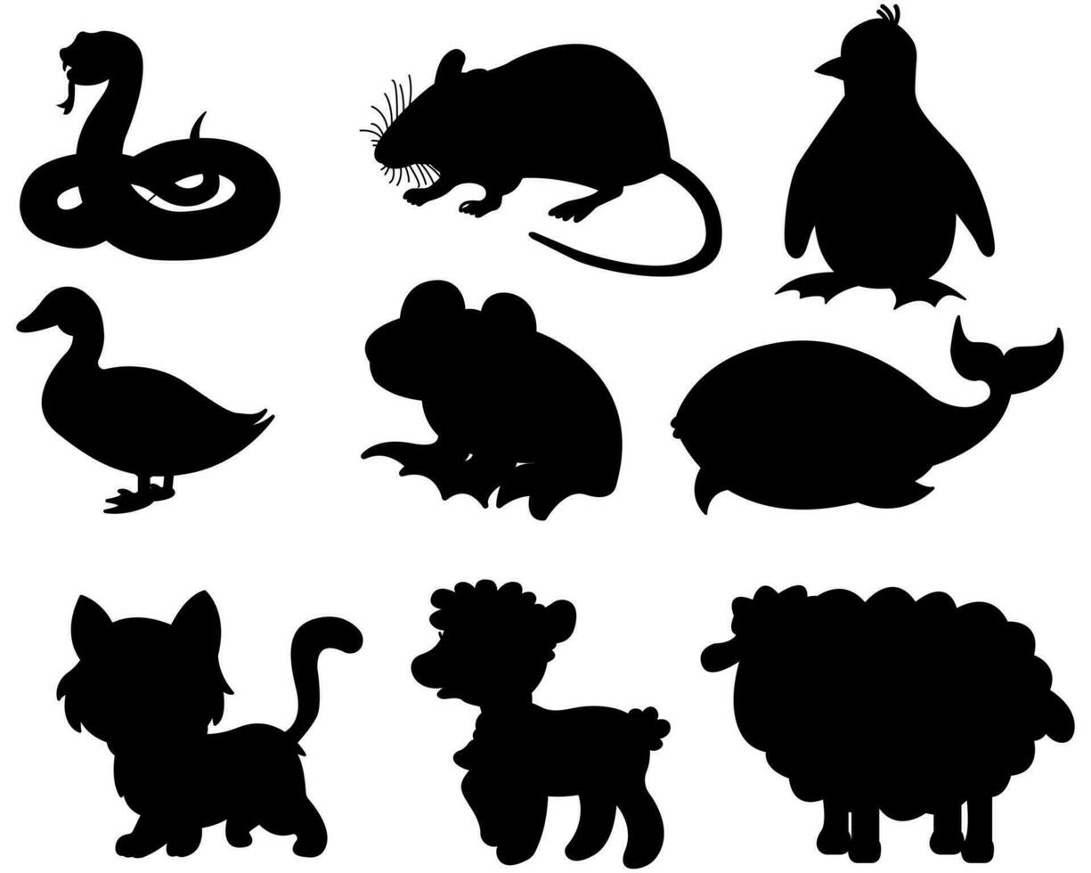 Collection of animals silhouette of farm and wild animal. Vector flat black set collection of animals silhouette isolated on white background