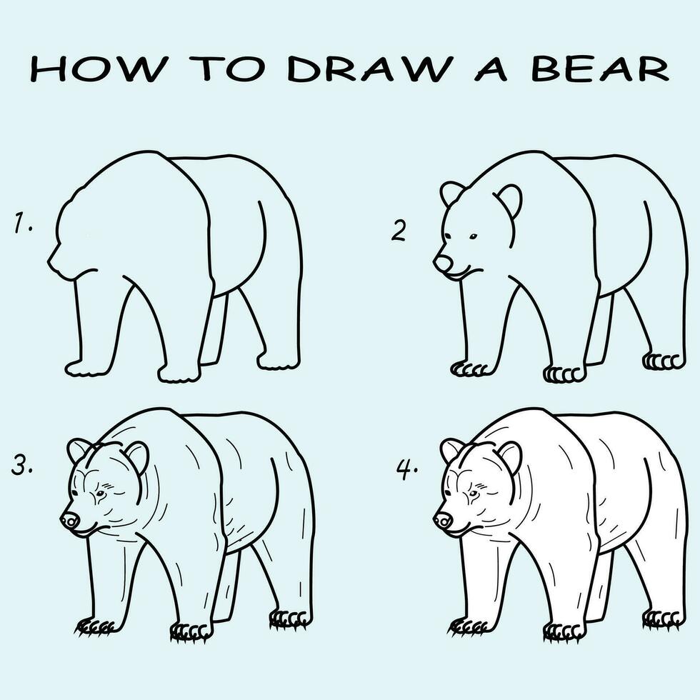 Step by step to draw a Bear. Drawing tutorial a Bear. Drawing lesson for children. Vector illustration
