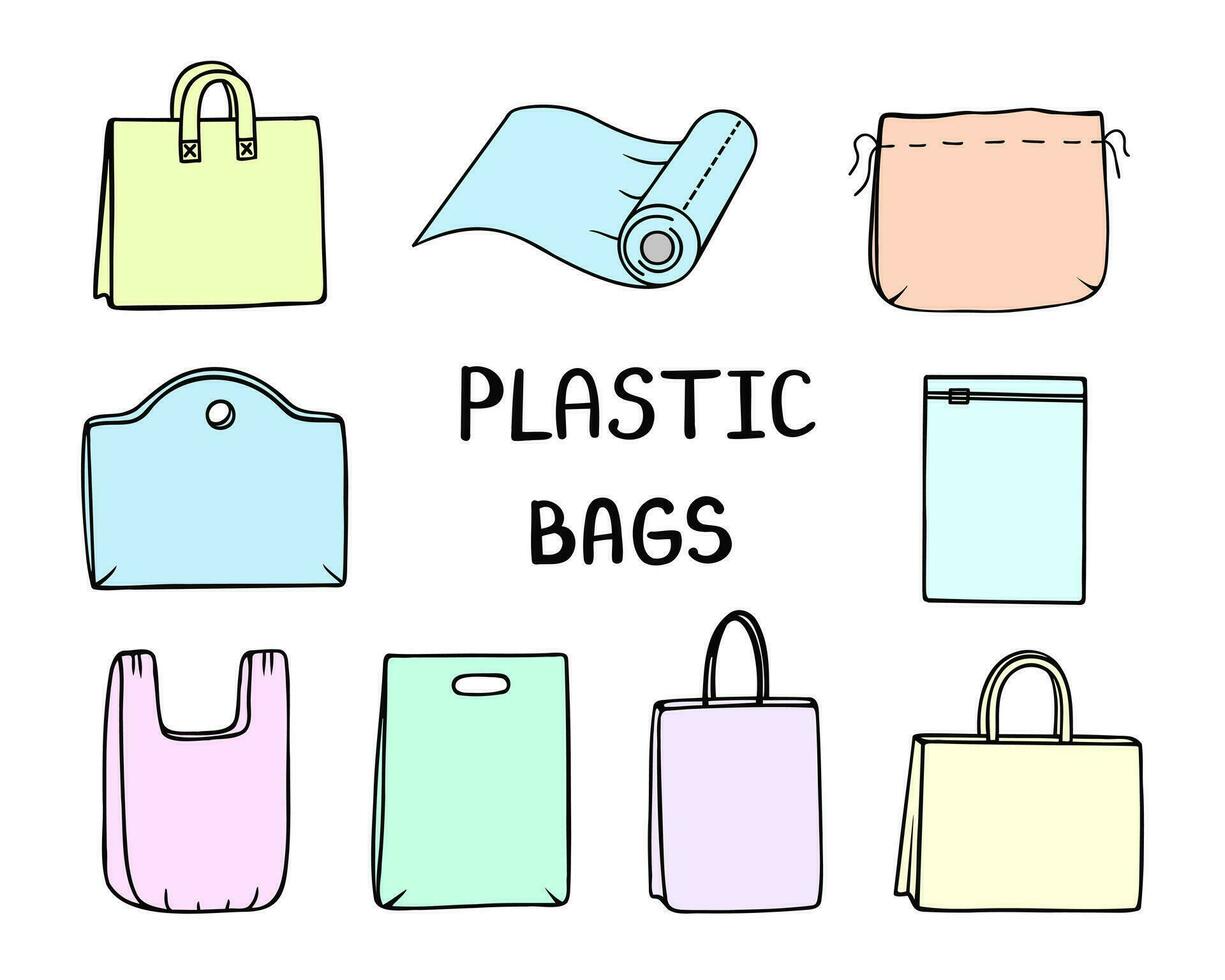 plastic bag set, shopping. Illustration for printing, backgrounds, covers and packaging. Image can be used for greeting cards, posters, stickers and textile. Isolated on white background. vector
