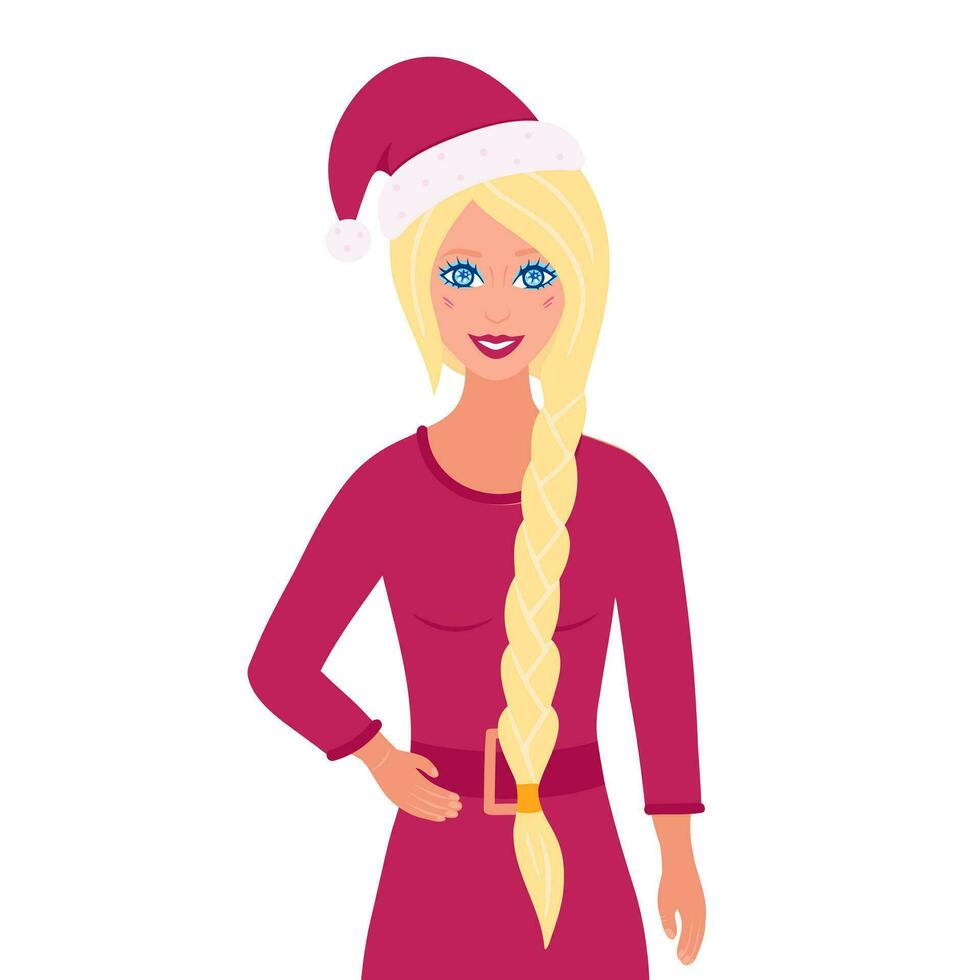 blonde girl in christmas hat. Illustration for printing, backgrounds, covers and packaging. Image can be used for greeting cards, posters, stickers and textile. Isolated on white background. vector