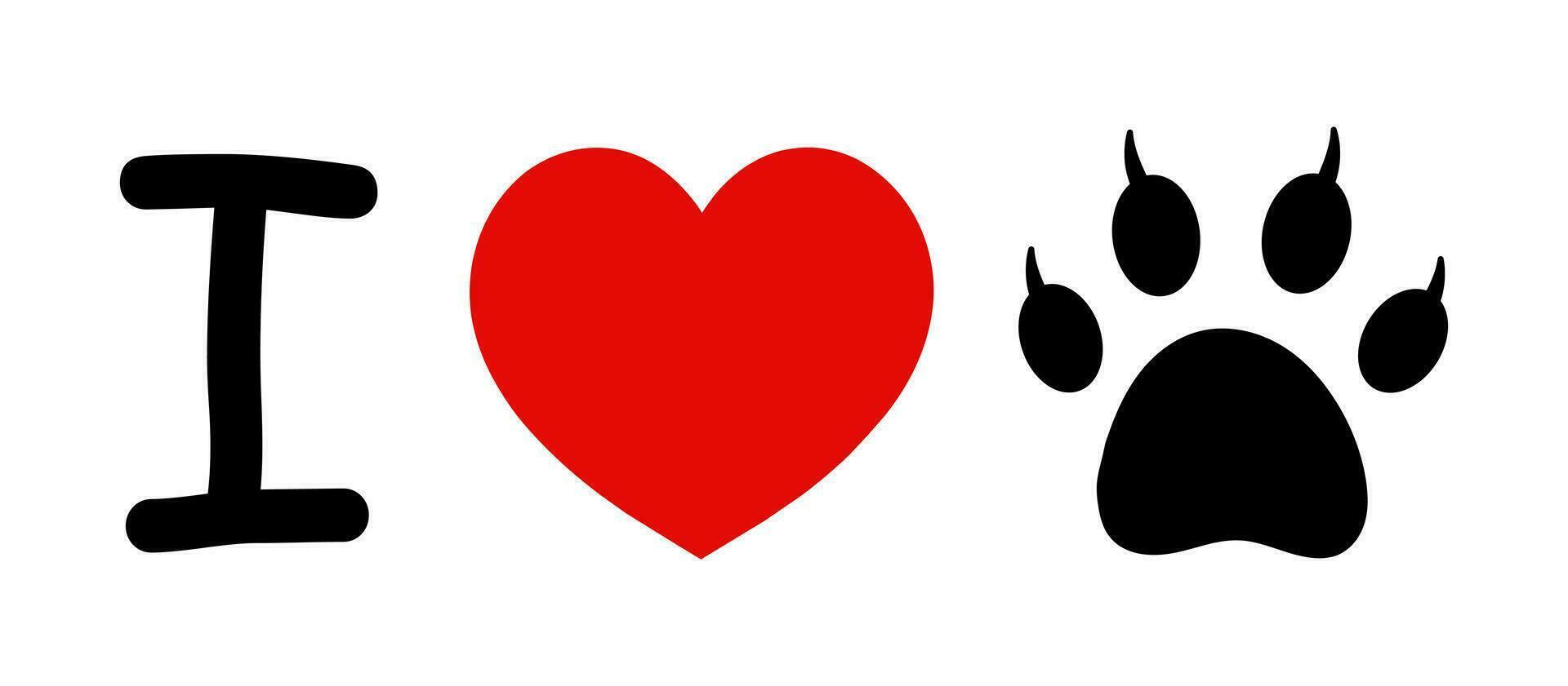 I Love Cats. Animals, Kittens, Puppies, Dogs. Red heart shape and cat paw foot print. Symbol of love for your pet. Vector isolated. Postcard, emblem, icon, print, textile, stationery, sticker