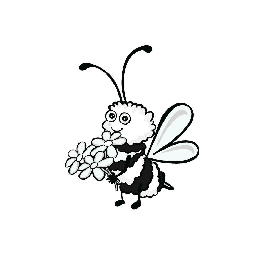 Bee with a bouquet of daisies, vector illustration