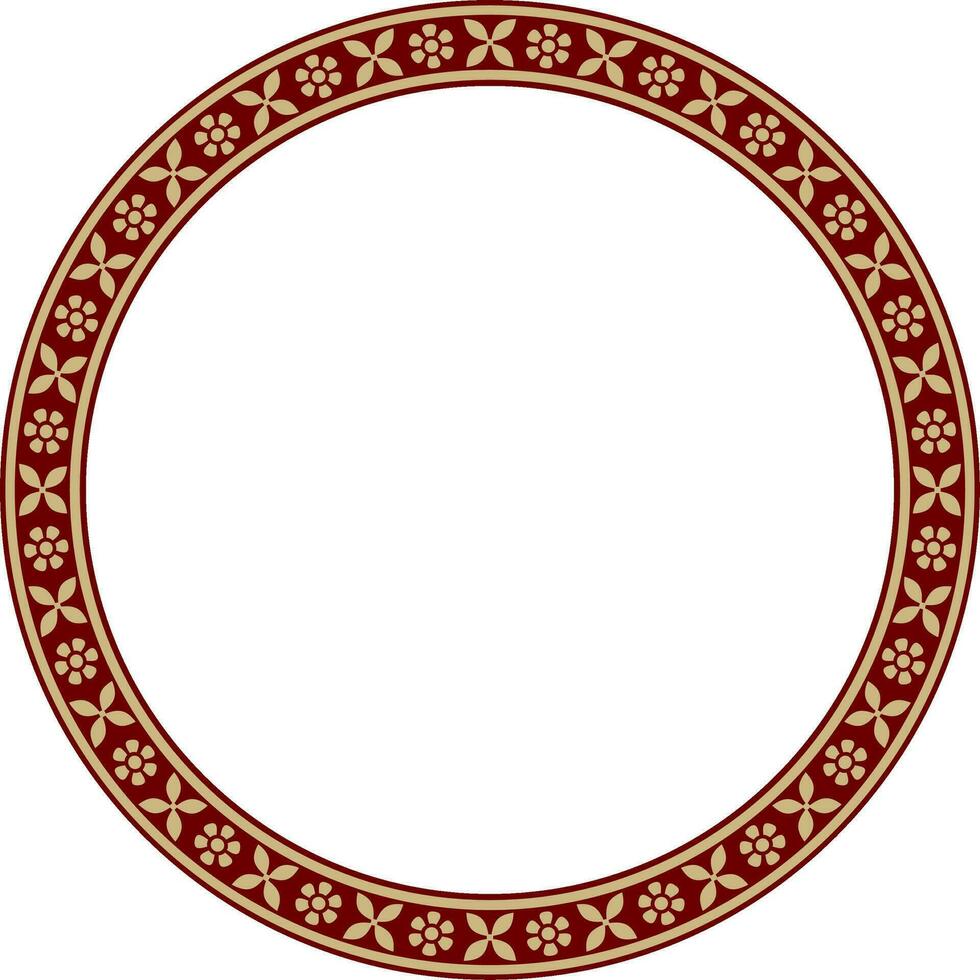 Vector round gold with red Indian national ornament. Ethnic plant circle, border. Frame, flower ring. Poppies and leaves