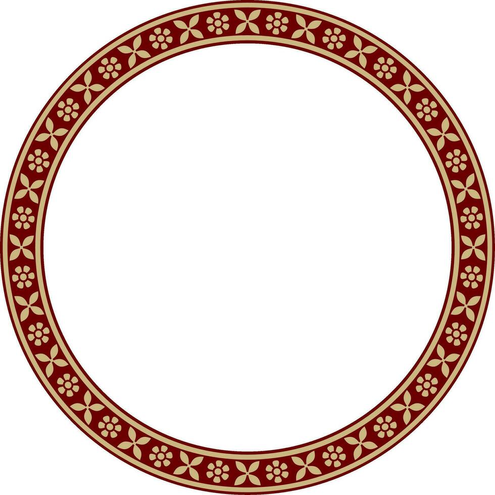 Vector round gold with red Indian national ornament. Ethnic plant circle, border. Frame, flower ring. Poppies and leaves