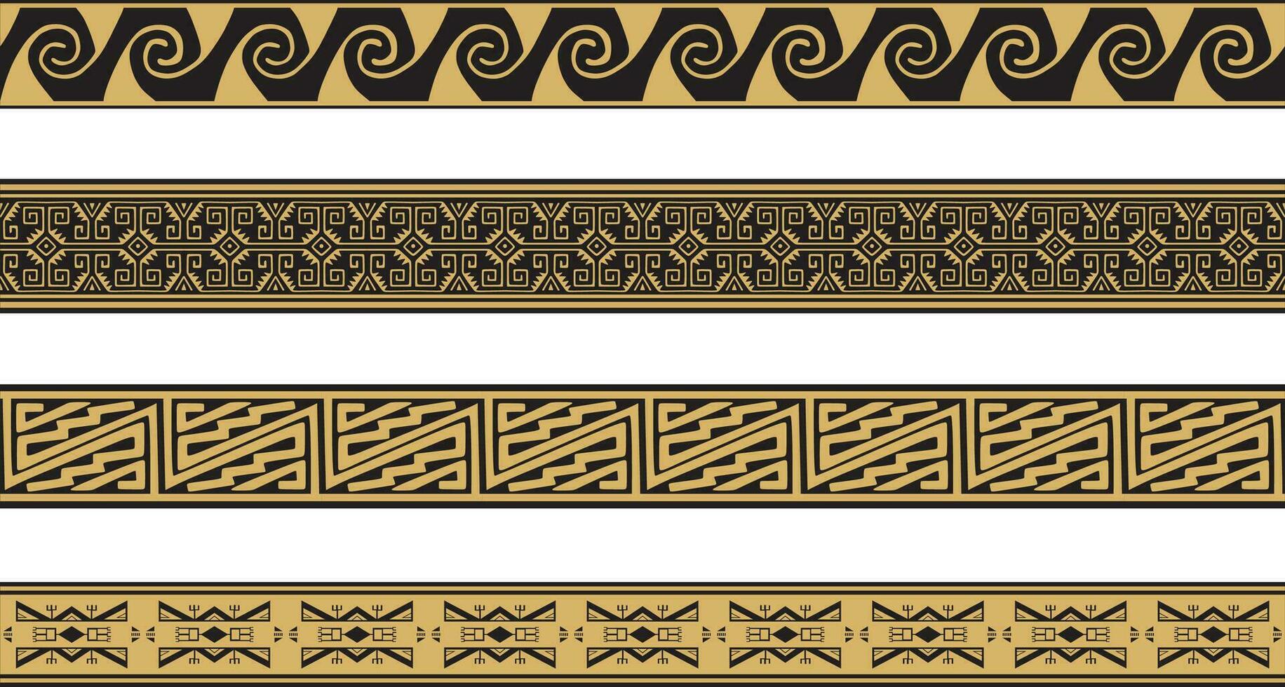 Vector set of gold and black native american ornamental seamless borders. Framework of the peoples of America, Aztecs, Maya, Incas