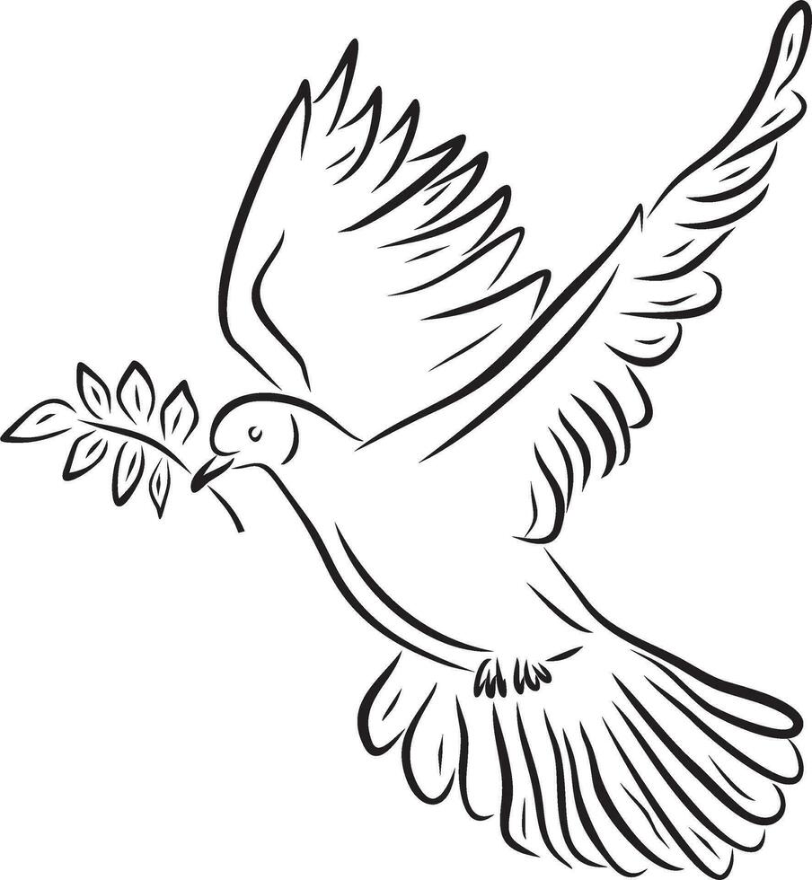 Vector monochrome flying dove with an olive branch in its beak. The bird of hope.