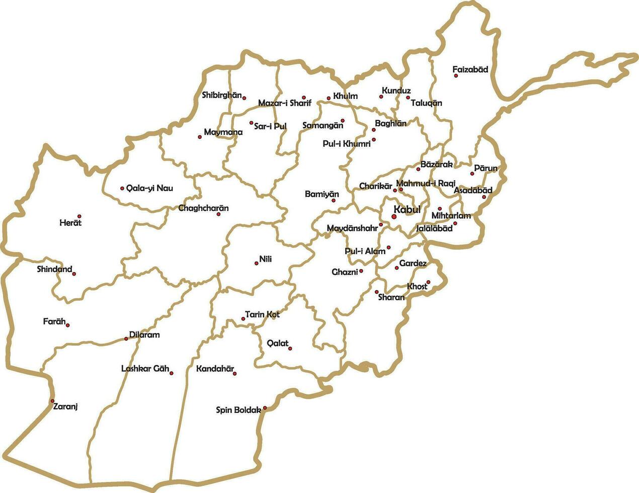 Vector white outline map of the Republic of Afghanistan. State with regional divisions and major cities.
