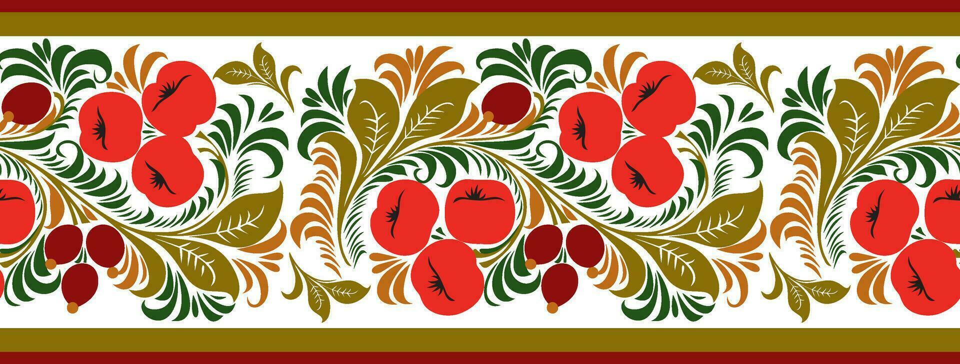 Vector seamless Russian national ornament Khokhloma. Colored endless border of Slavic peoples. Painting on wood