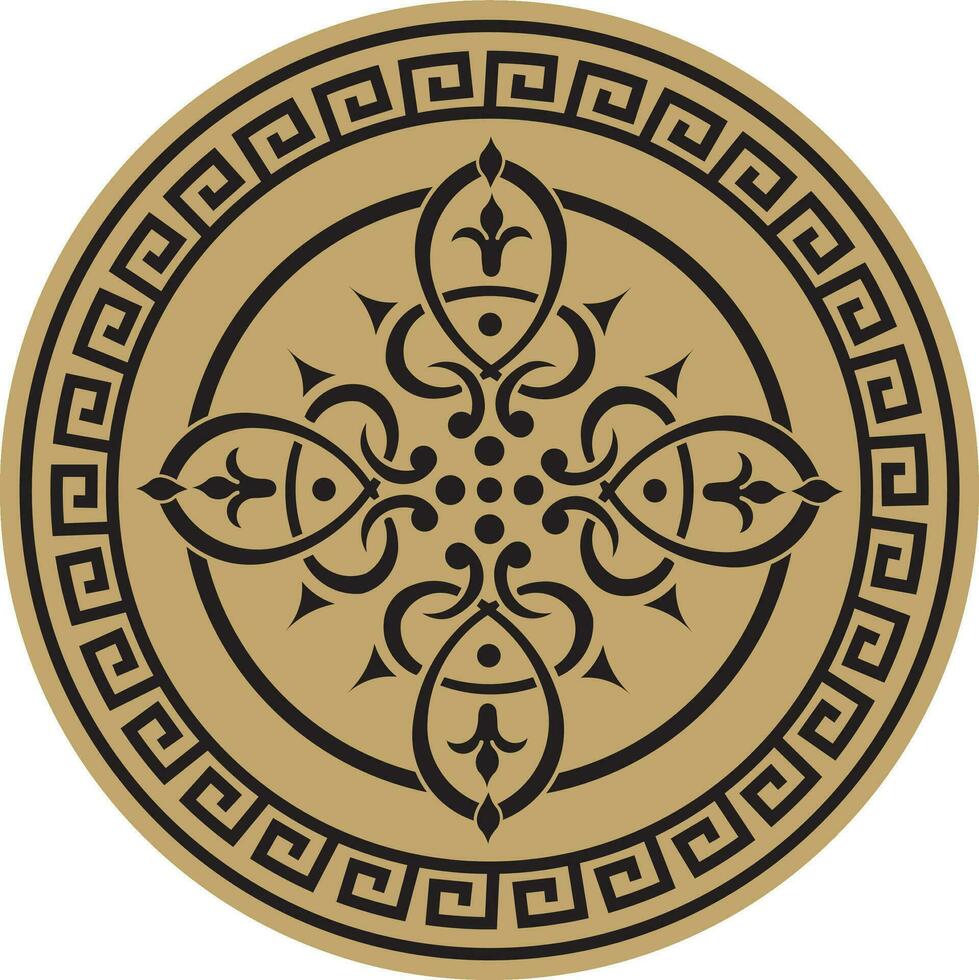 Vector round golden european pattern. Greek meander pattern. Circle with abstract floral roman ornament and border.
