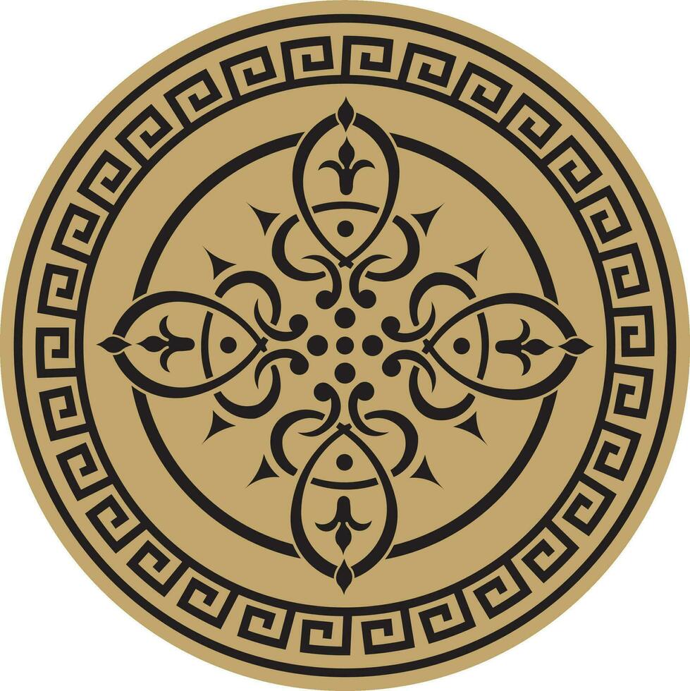 Vector round golden european pattern. Greek meander pattern. Circle with abstract floral roman ornament and border.