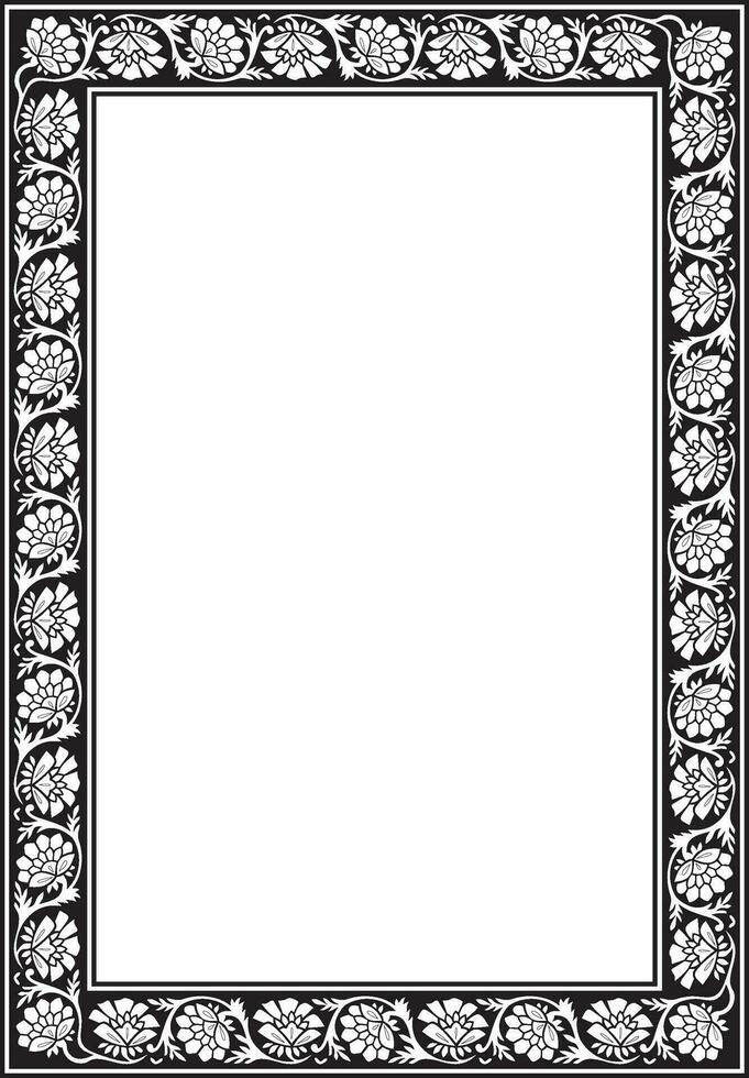 Vector square monochrome black Indian national ornament. Ethnic plant border. Flowers frame. Poppies and leaves