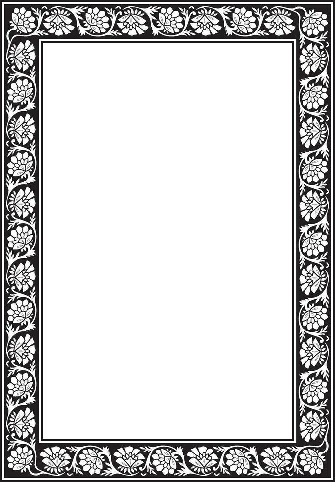 Vector square monochrome black Indian national ornament. Ethnic plant border. Flowers frame. Poppies and leaves