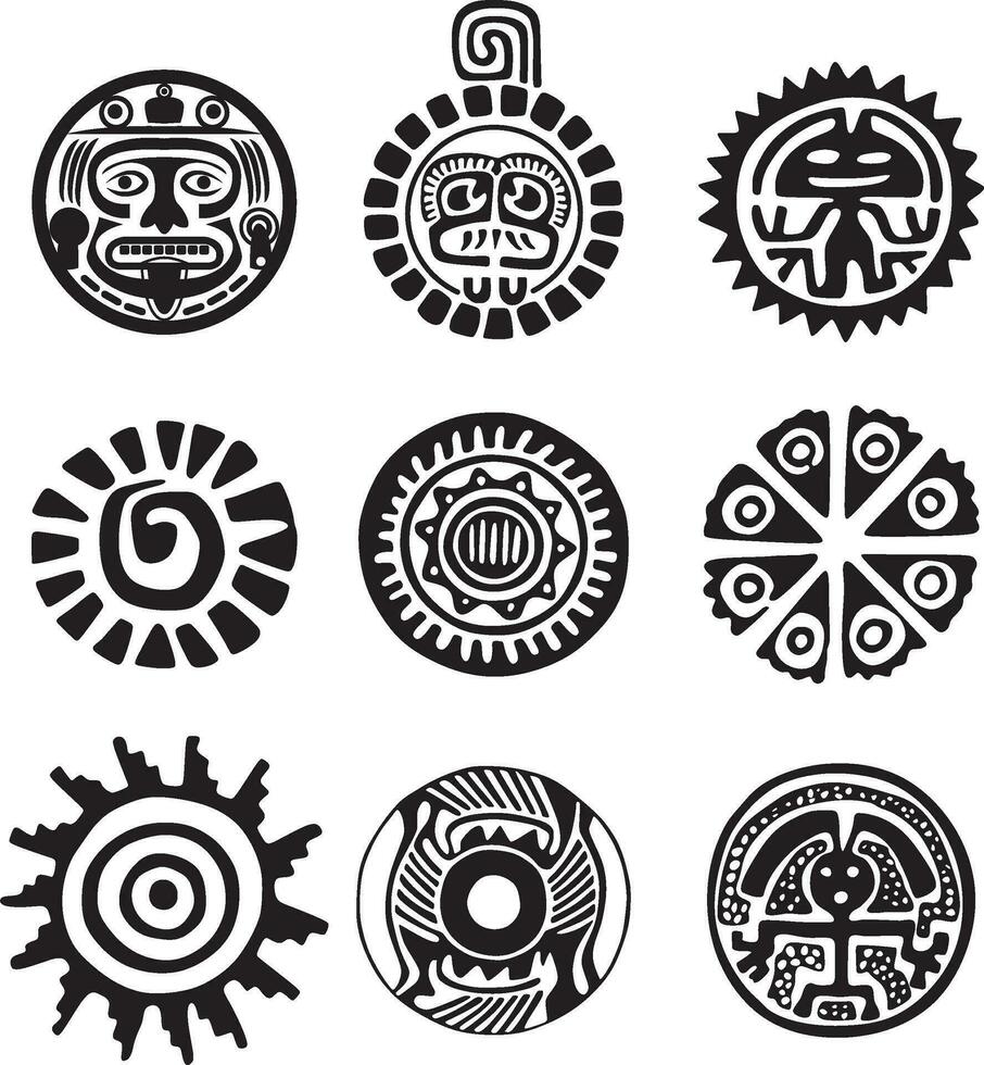 vector monocromo conjunto de nativo americano indio nacional simbolos étnico redondo adornos de el pueblos de America, azteca, maya, incas, Perú, Brasil, México, Honduras, Guatemala.