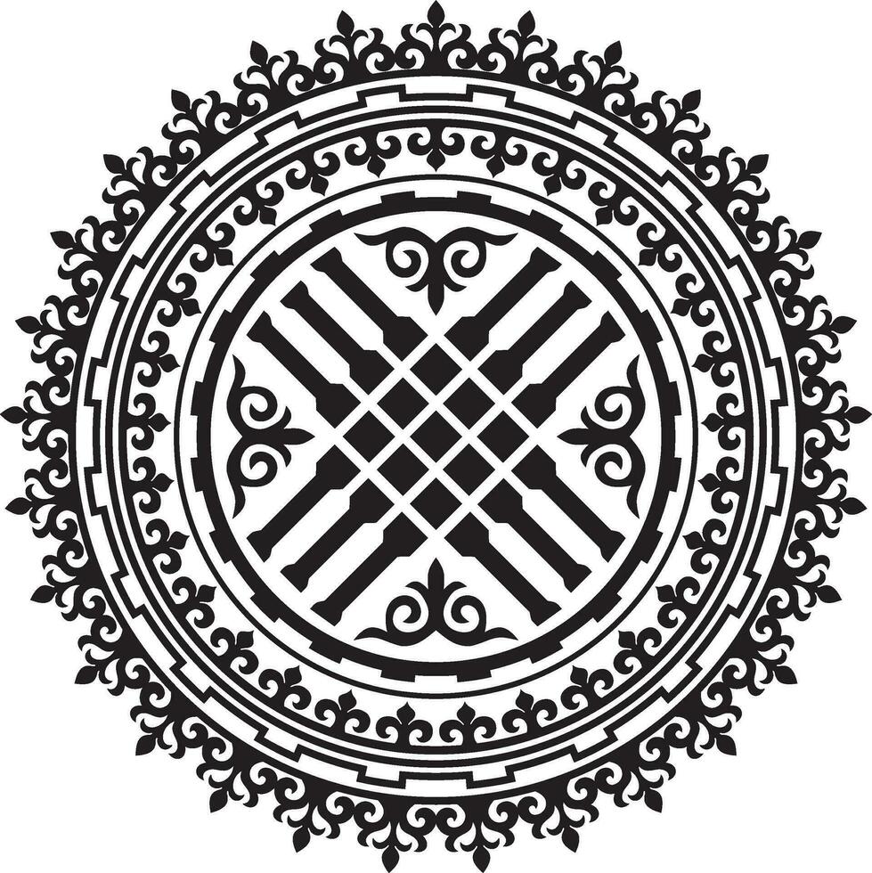 Vector monochrome Kazakh national ornament shanyrak. Yurt decoration. Ethnic pattern of nomadic peoples of the great steppe, Kirghiz, Kalmyks, Buryats, Mongols.