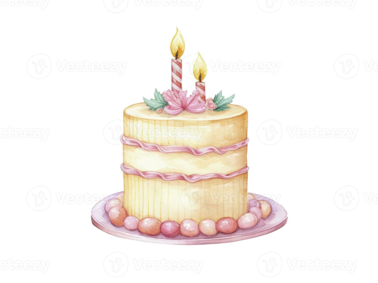 Ai generated beautiful graceful watercolor birthday cake with burning candles, make a wish for your holiday, isolated on white background. photo