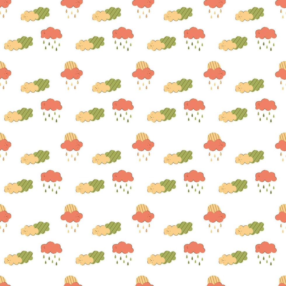 Seamless pattern with sun, rain and clouds. Black and white and color flat vector illustration.