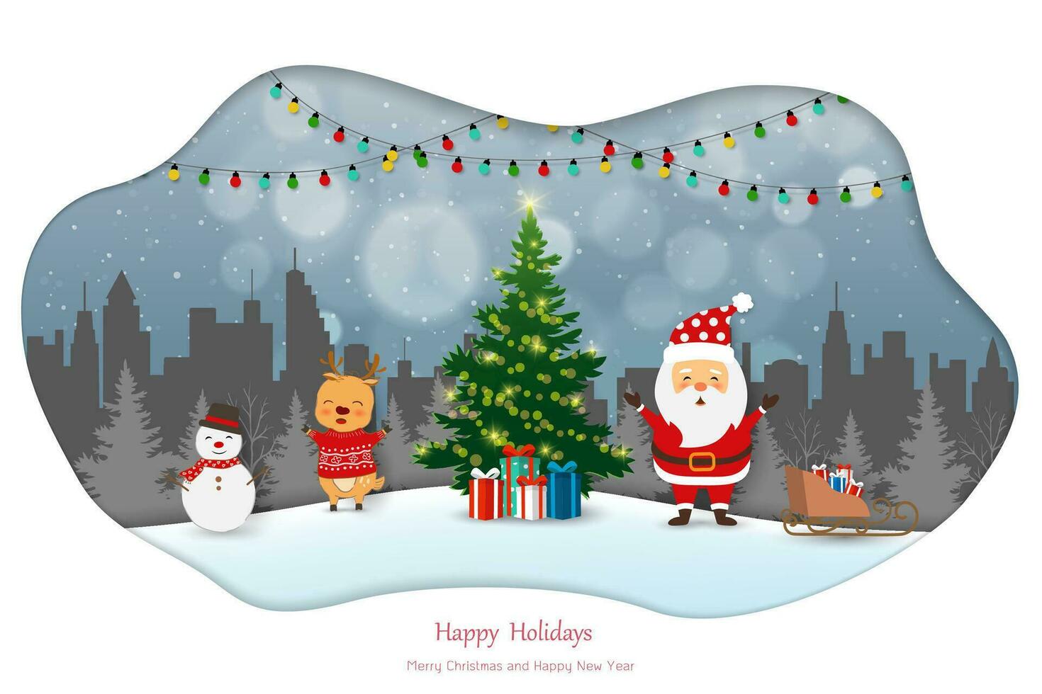 alegre Navidad y contento nuevo año saludo tarjeta invierno noche paisaje con Papa Noel claus y amigos celebrar fiesta en ciudad antecedentes vector