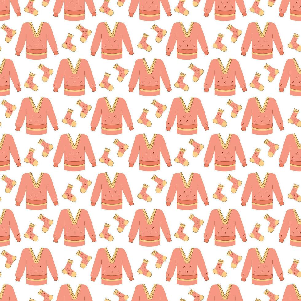 Seamless pattern with warm winter sweaters and socks in pink. Vector flat color illustration.