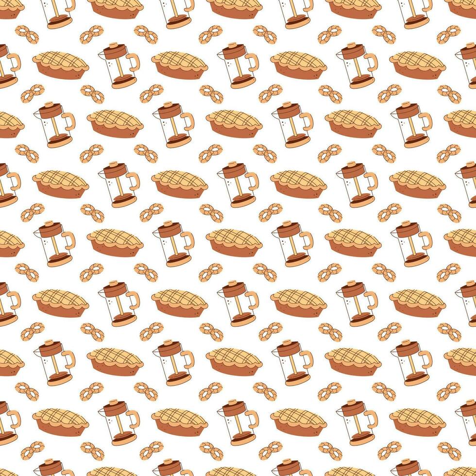 Seamless pattern with a french press, cookies and apple pie. Vector flat illustration suitable for wrapping paper.