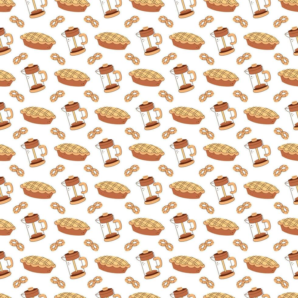 Seamless pattern with a french press, cookies and apple pie. Vector flat illustration suitable for wrapping paper.