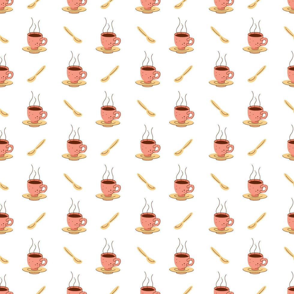 Seamless pattern with a cup of hot tea and a teaspoon. Vector flat illustration suitable for wrapping paper.