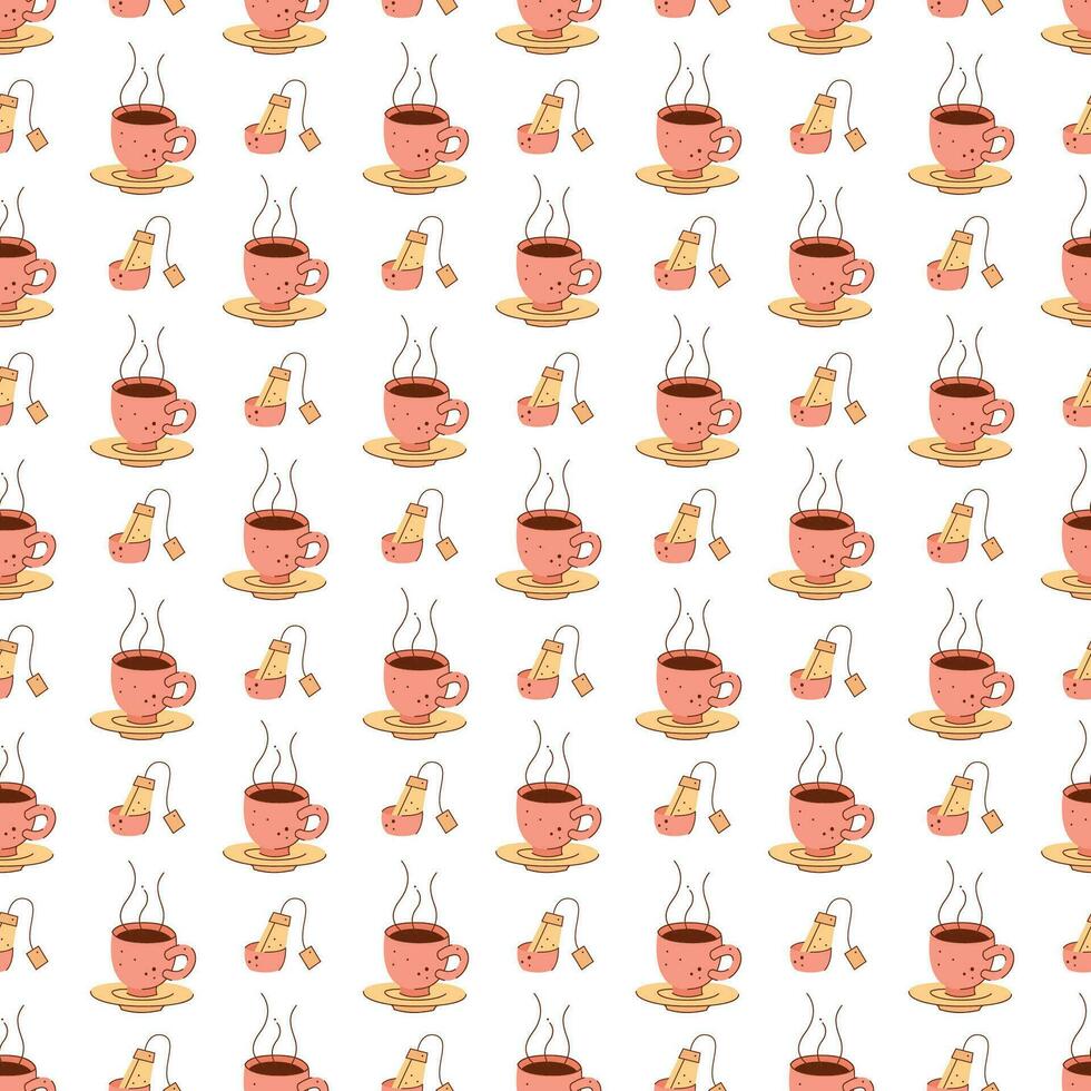 Seamless pattern with a cup of hot tea and a tea bag. Vector flat illustration suitable for wrapping paper.