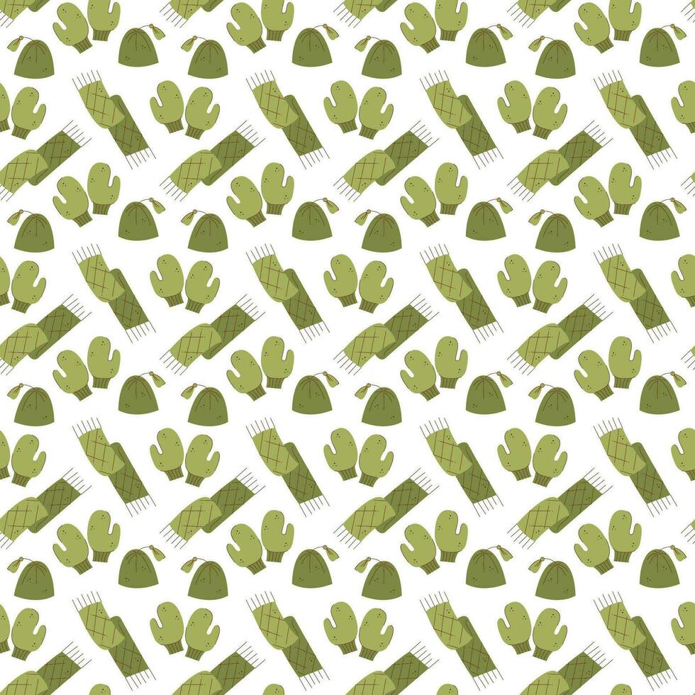 Seamless pattern with warm winter mittens, scarves and hats in green. Vector flat color illustration.