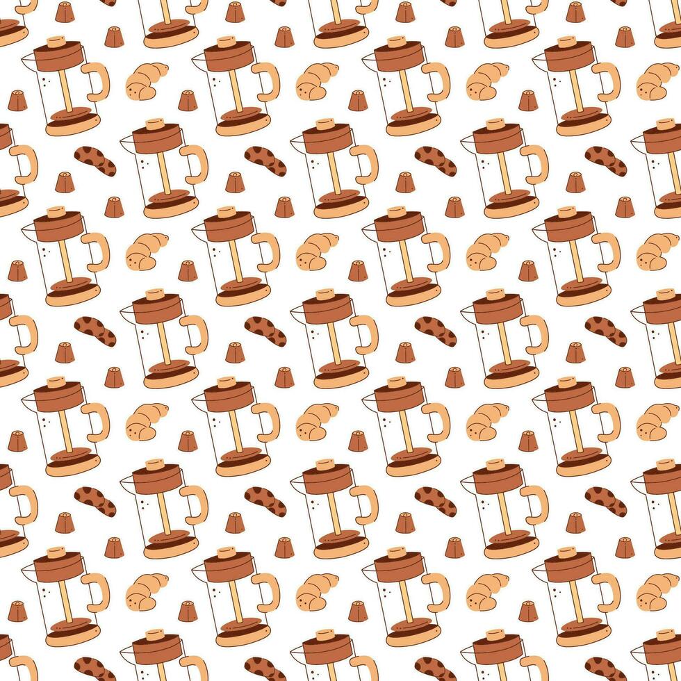 Seamless pattern with a french press, cookies, candies and croissant. Vector flat illustration suitable for wrapping paper.