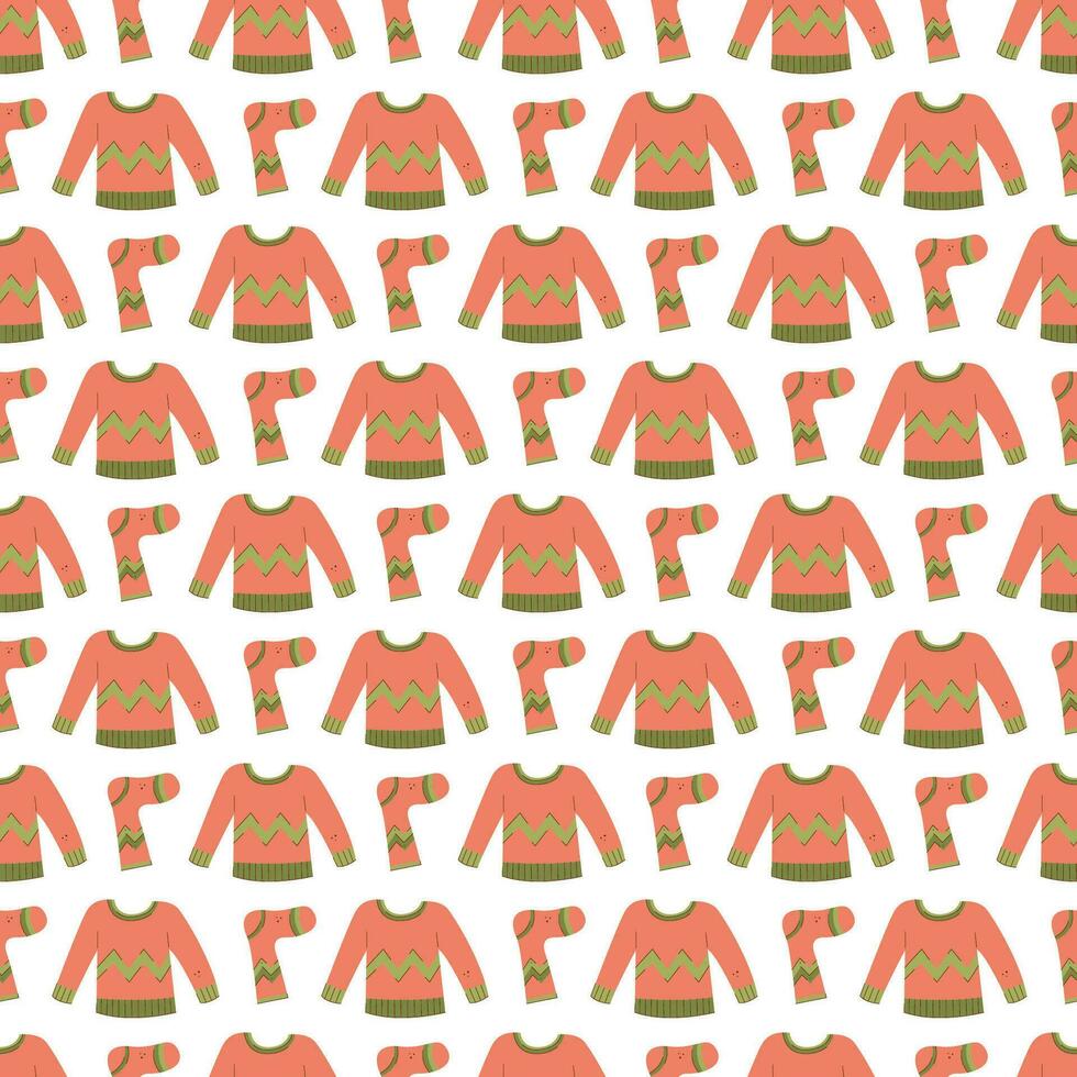 Seamless pattern with warm winter sweaters and socks with zigzag. Vector flat color illustration.