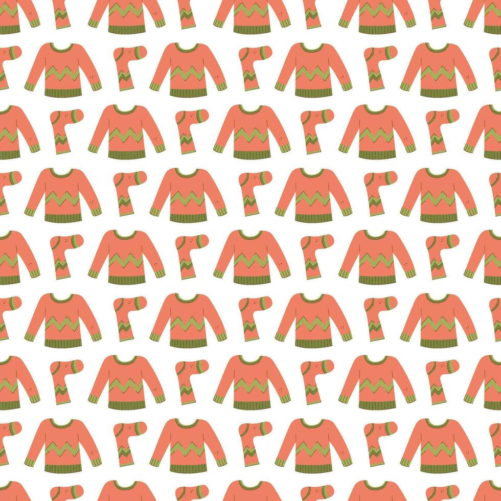 Seamless pattern with warm winter sweaters and socks with zigzag. Vector flat color illustration.