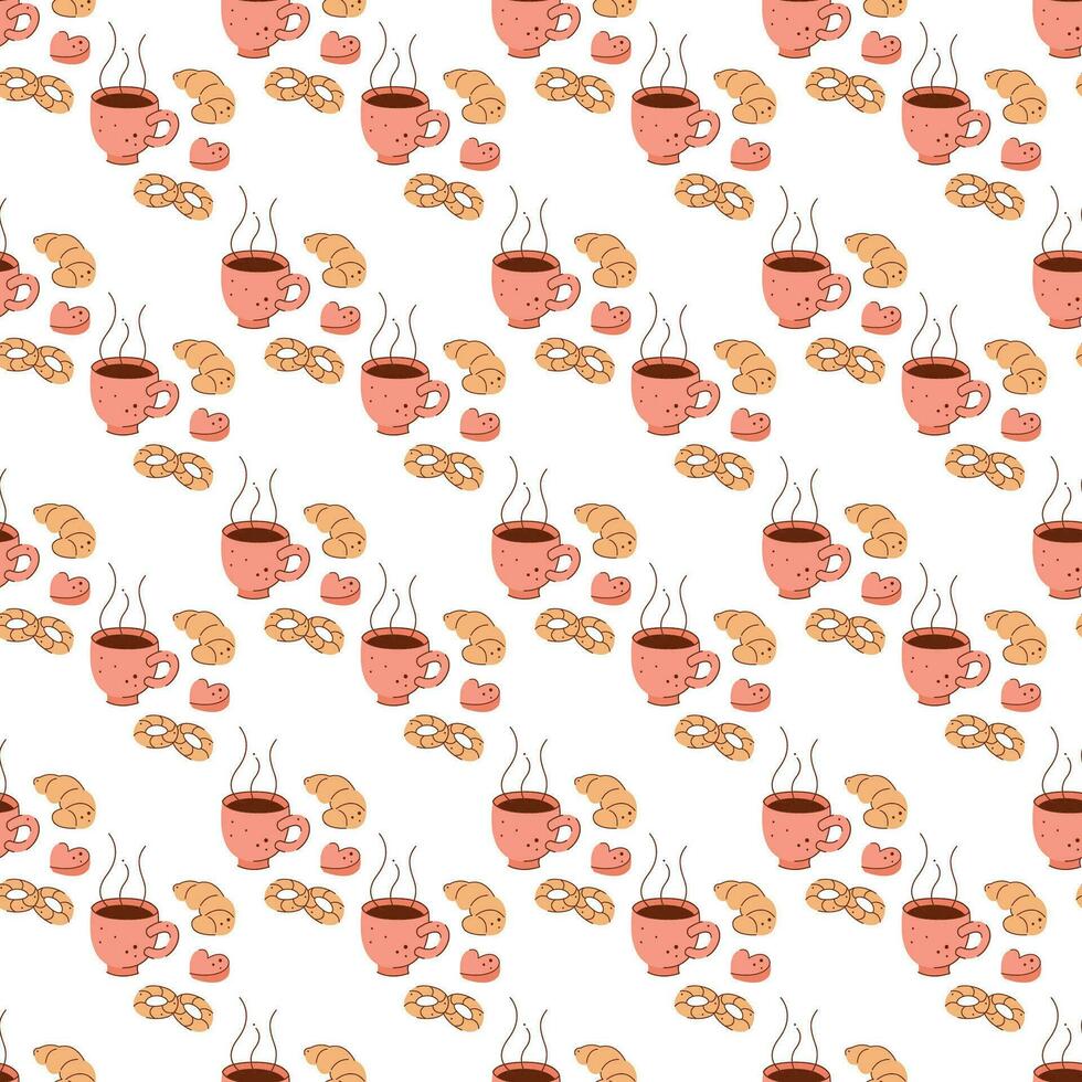 Seamless pattern with a cup of hot tea, cookies and candies. Vector flat illustration suitable for wrapping paper.