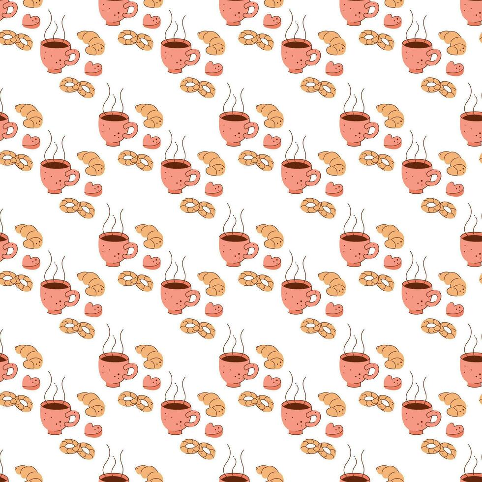 Seamless pattern with a cup of hot tea, cookies and candies. Vector flat illustration suitable for wrapping paper.