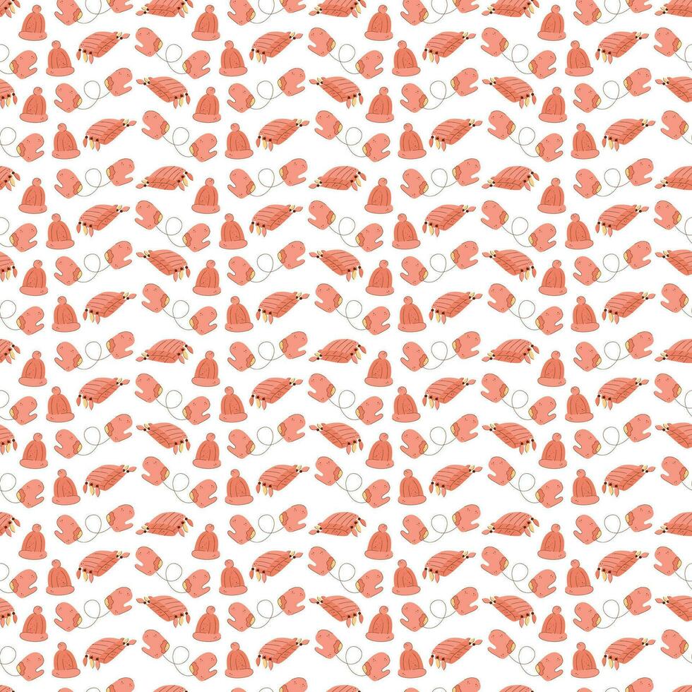 Seamless pattern with warm winter mittens, scarves and hats in pink. Vector flat color illustration.