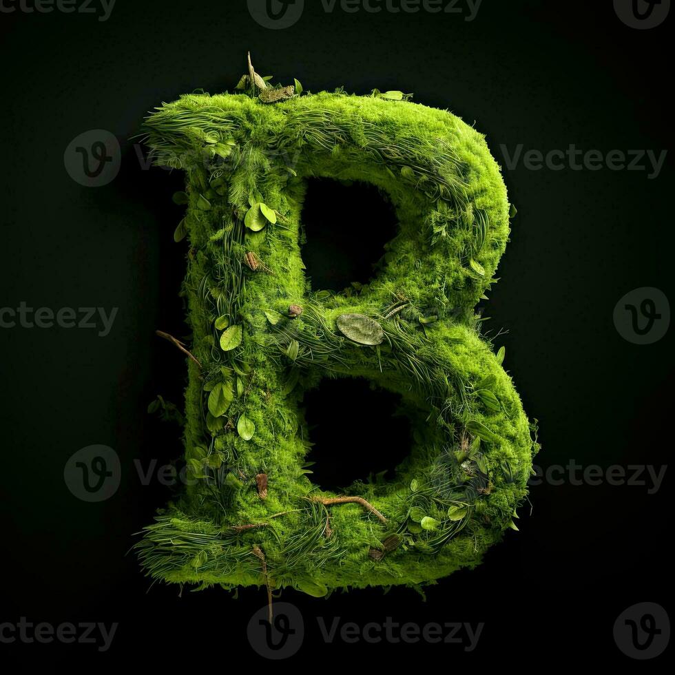 Letter B with moss. Large soft forest font. Green typographic symbol made of leaves. Concept of comfort, nature and ecology. AI Generated photo