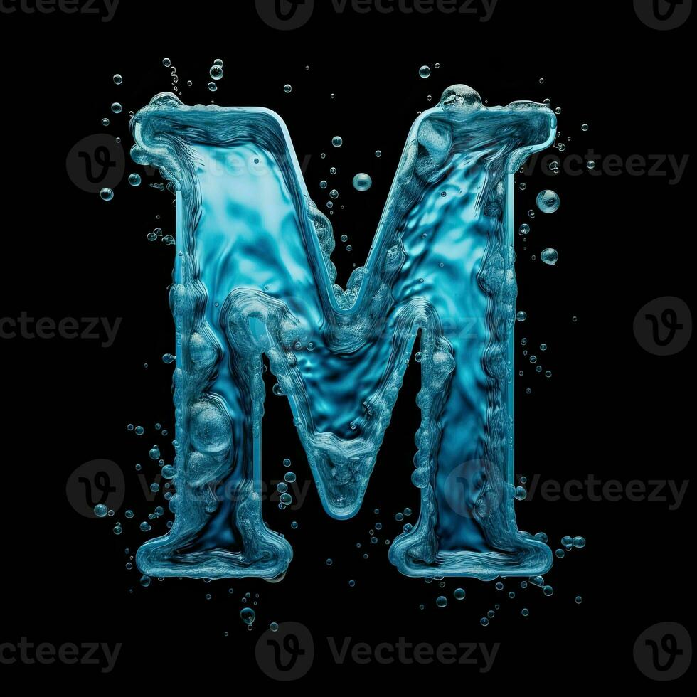 Letter M made of water. Font with splashes and drops of blue liquid. Typographic symbol with jet and splash. Marine concept of freshness, fluidity and the sea. AI Generated photo