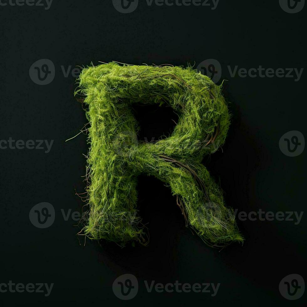 Letter R with moss. Large soft forest font. Green typographic symbol made of leaves. Concept of comfort, nature and ecology. AI Generated photo