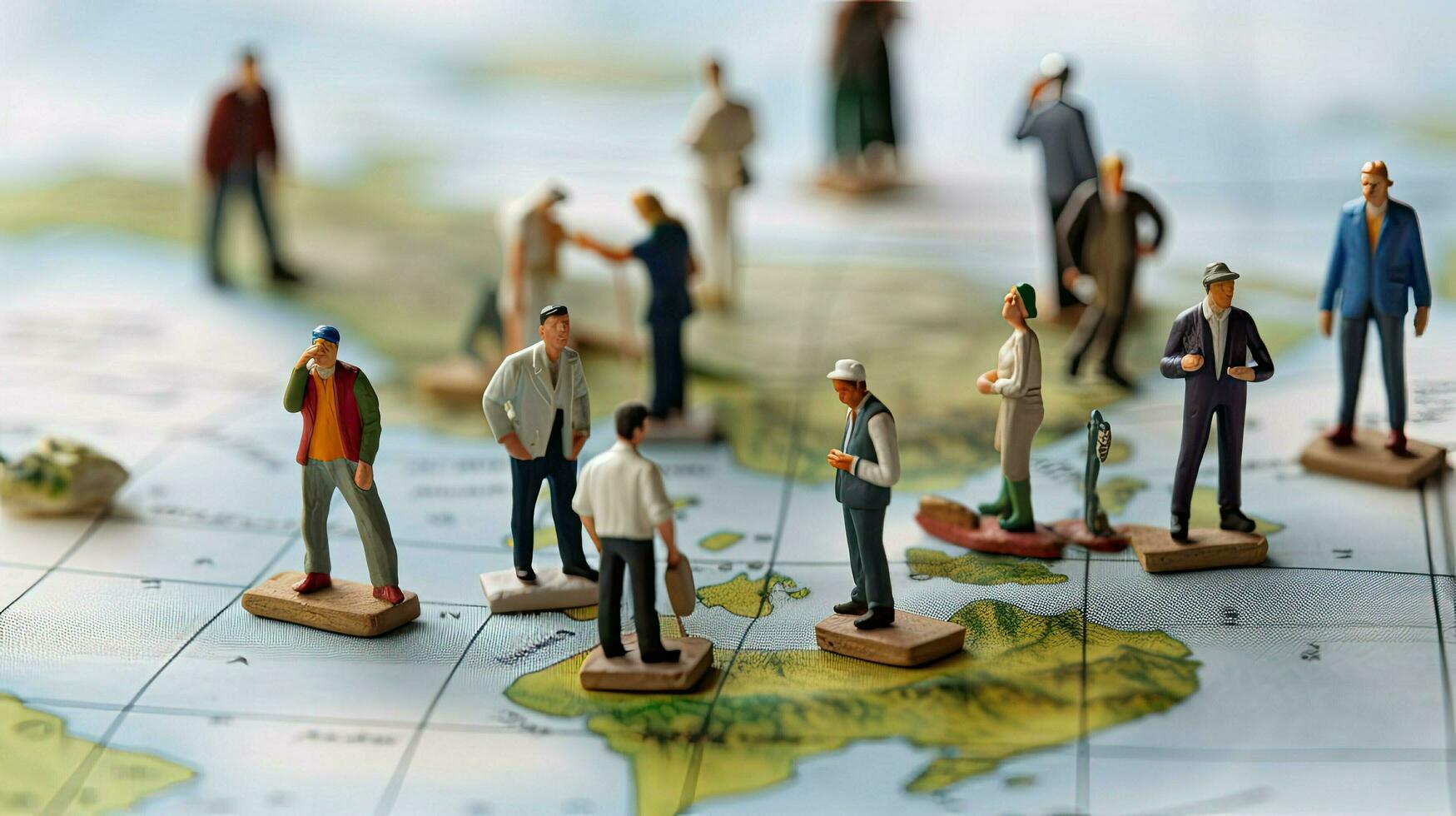 Miniature tourists stand on world map. Group of little toy travelers. Concept of travel, recreation and vacations created with Generative AI Technology photo