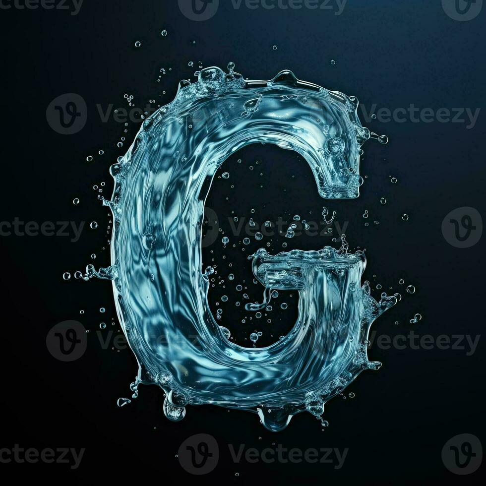 Letter G made of water. Font with splashes and drops of blue liquid. Typographic symbol with jet and splash. Marine concept of freshness, fluidity and the sea. AI Generated photo